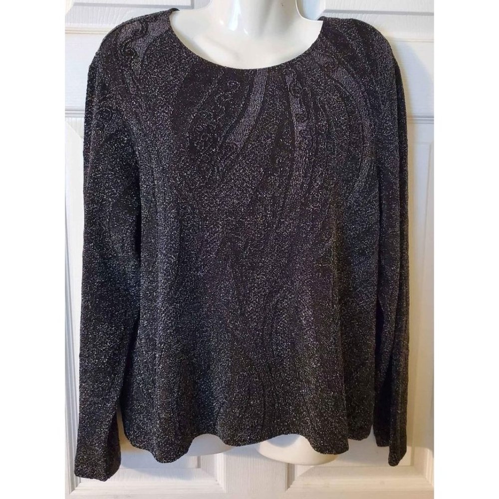 Women's Petite Medium Laura Ashley Black with Silver Metallic Dress Blouse Shirt